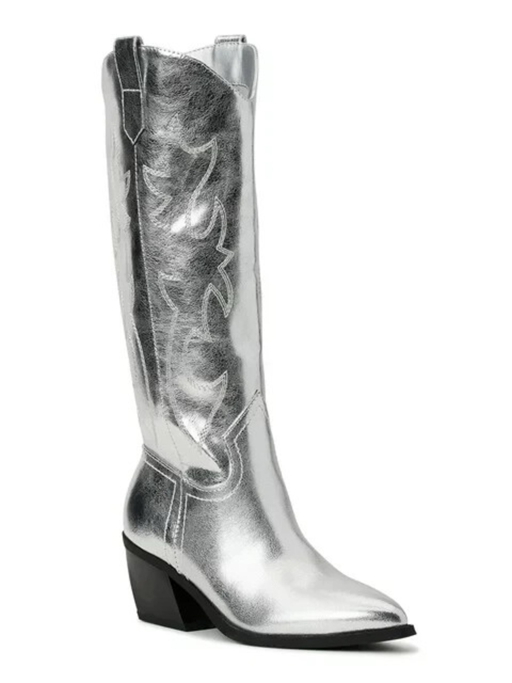Madden NYC by Steve Madden Metallic Silver Etched Mid Calf Western Boots